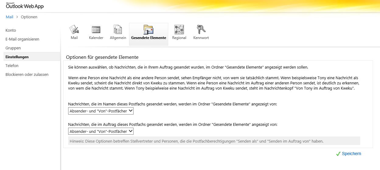 Exchange 2010 OWA Gesendete Elemente steuern