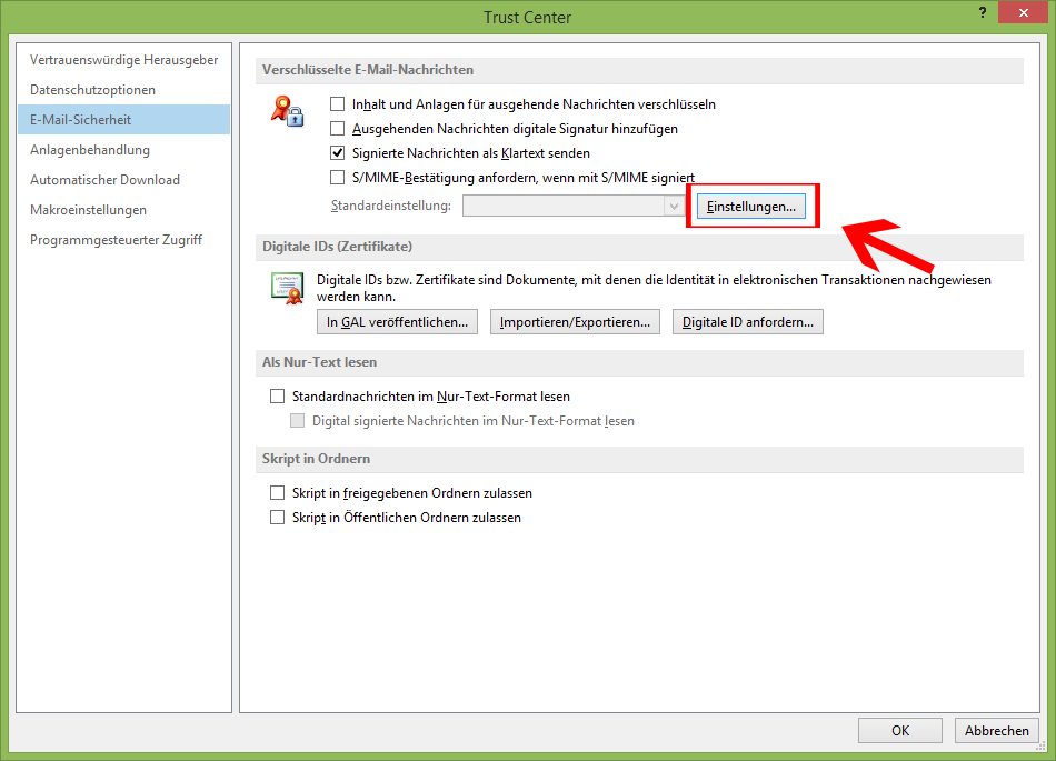 Outlook 2013 E-Mail encryption - Trust Center - Einstellungen