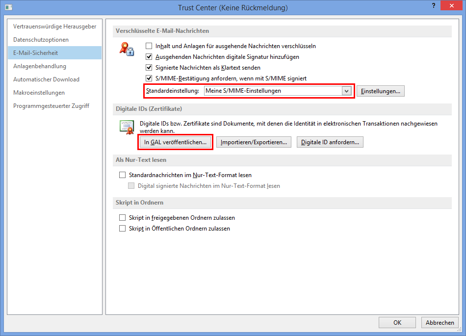 Outlook 2013 E-Mail encryption - Trust Center