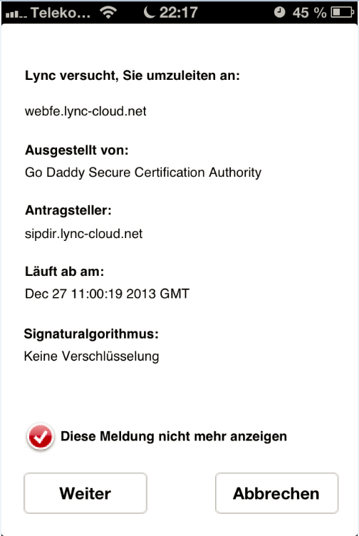 Lync Mobile 2010 iOS - Zertifikat bestätigen