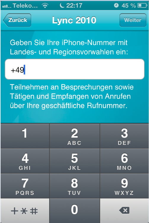 Lync Mobile 2010 iOS - Mobilfunkrufnummer eingeben