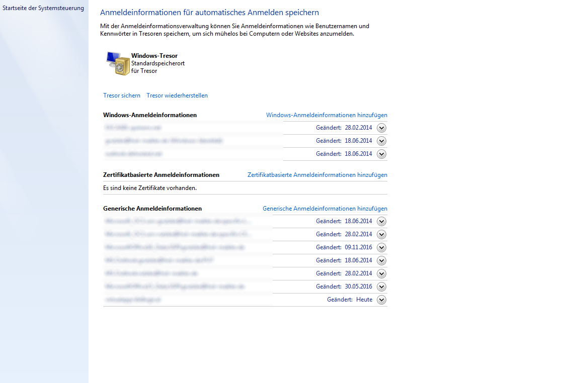 Windows 7 Tresor Anmeldeinformationen