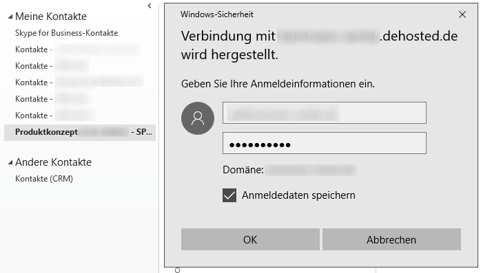 Computergenerierter Alternativtext:Meine Kontakte Skype for Business-Kontakte Kontakte - Kontakte - Kontakte - Kontakte - Kontakte - Andere Kontakte Windows-Sicherheit Verbindung mit wird hergestellt. Geben Sie Ihre Anmeldeinformationen ein. Domäne: Anmeldedaten speichern dehosted.de OK Abbrechen 