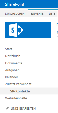 Computergenerierter Alternativtext:SharePoint DURCHSUCHEN Sta rt Notizbuch Dokumente Aufgaben Kalender ELEMENTE LISTE Zuletzt verwendet SP-Kontakte Websiteinhalte LINKS BEARBEITEN 