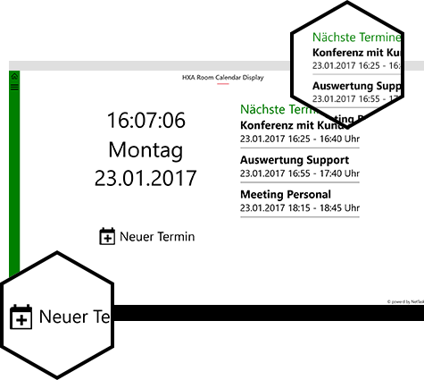 Room Calendar Display App zeigt die aktuelle Verfügbarkeit eines Raumes und bevorstehende Meetings