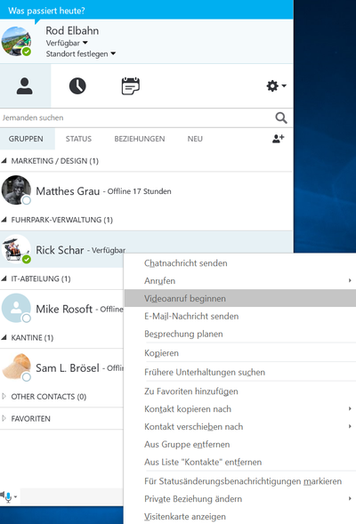 Präsenzstatus im Hauptfenster von Skype for Business