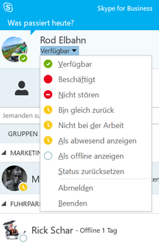 Präsenzstatus im Hauptfenster von Skype for Business
