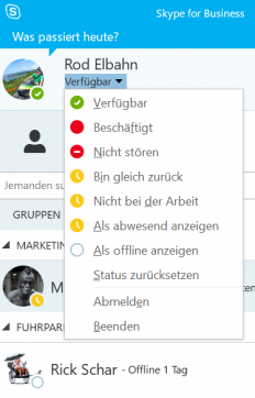 Präsenzstatus im Hauptfenster von Skype for Business