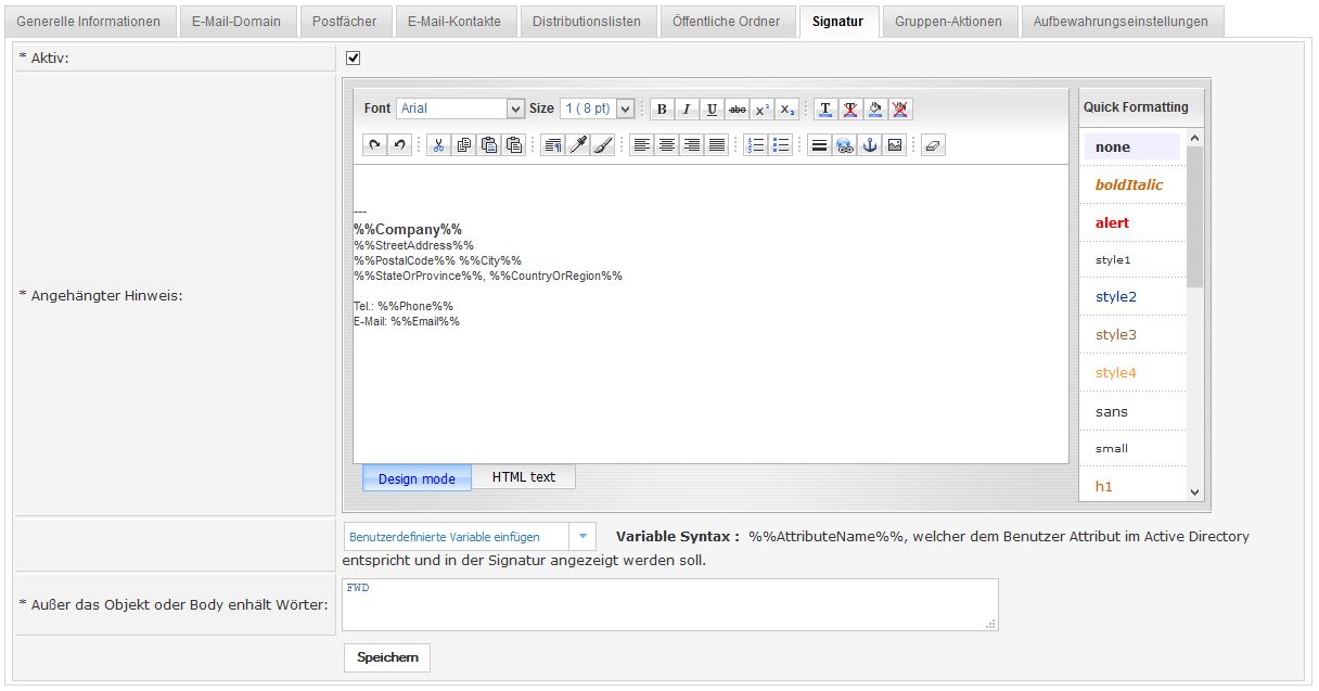 Exchange E-Mail Signatur im deHOSTED Control Panel konfigurieren.