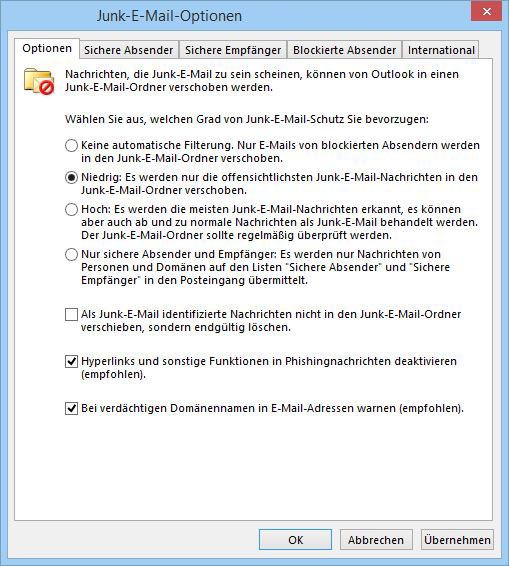 Outlook 2013 DE Junk-E-Mail-Optionen