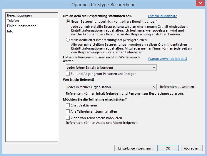 Outlook 2013 Skype Besprechungsoptionen Fenster