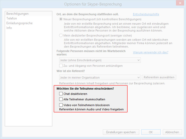 Outlook 2013 Skype Besprechungsoptionen Fenster Teilnahme einschränken