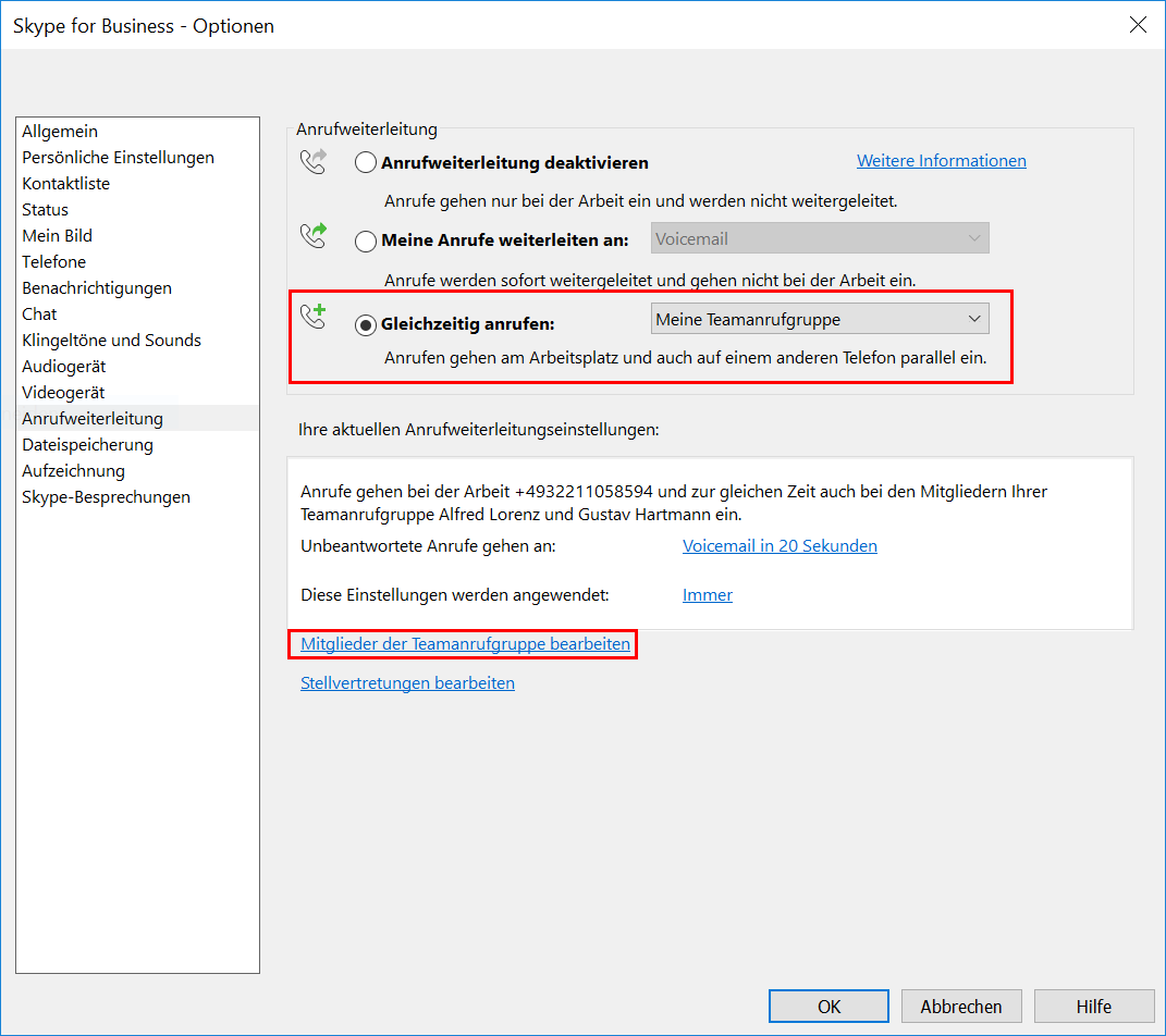 Skype for Business Client Anrufgruppeneinstellung