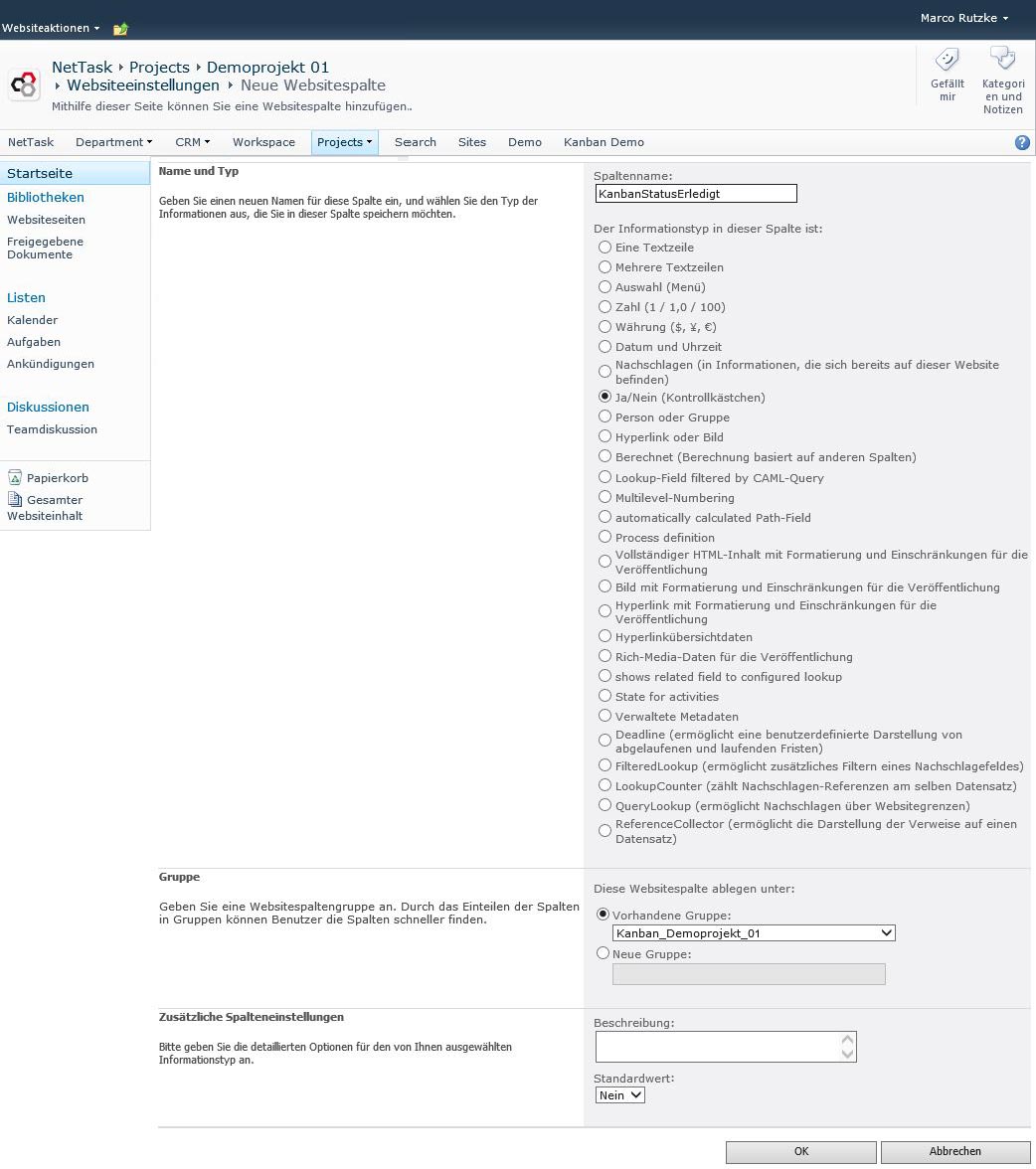 SharePoint 2010 Websiteeinstellungen -> Galerien -> Neue Websitespalte KanbanStatusErledigt