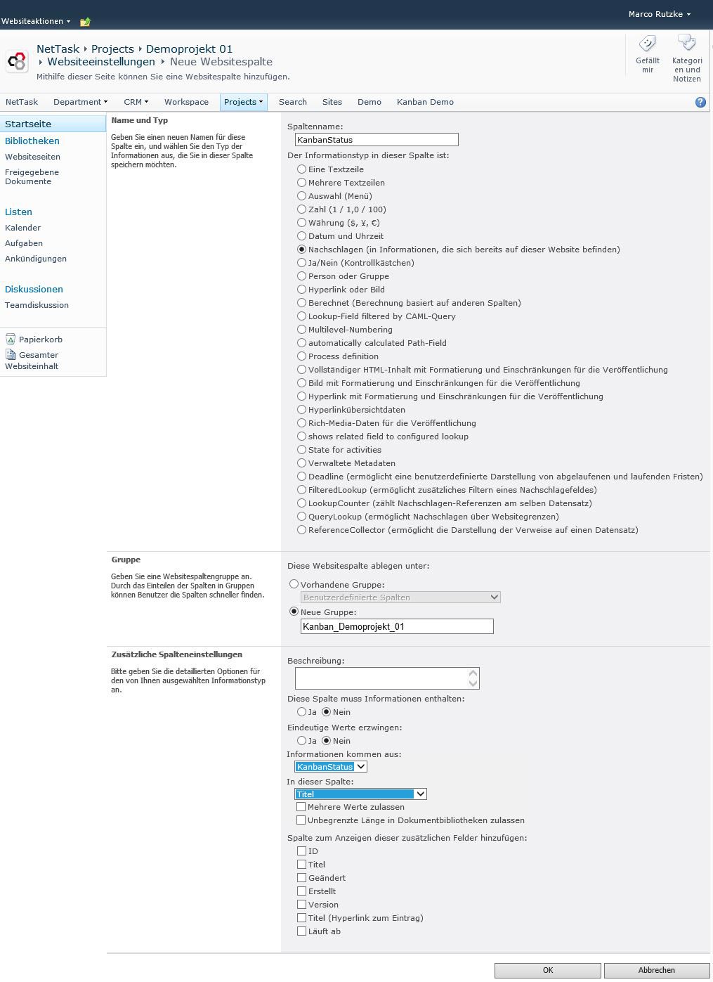 SharePoint 2010 Websiteeinstellungen -> Galerien -> Neue Websitespalte KanbanStatus