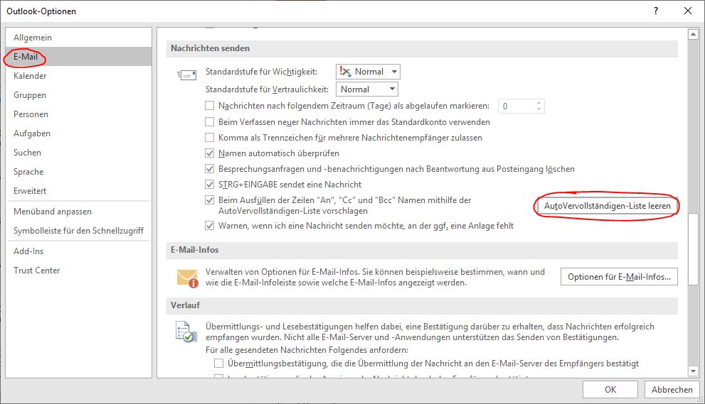 Outlook AutoVervollständigen-Liste leeren