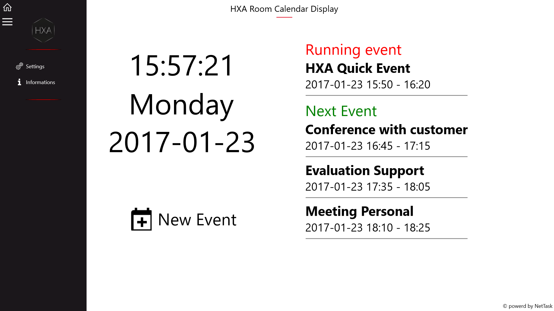 HXA Room Calendar Display App Menu