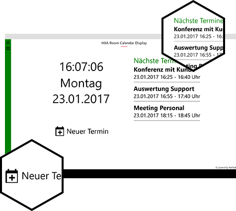 Room Calendar Display App zeigt die aktuelle Verfügbarkeit eines Raumes und bevorstehende Meetings